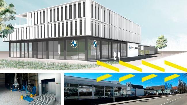 Hofmann Automobile hat drei große Bauprojekte gestartet: den Neubau der Firmenzentrale (oben), ein neues Reifenlager in Mertingen (unten links) und den Umbau in Neuburg (unten rechts).(Bild:  Hofmann Automobile)