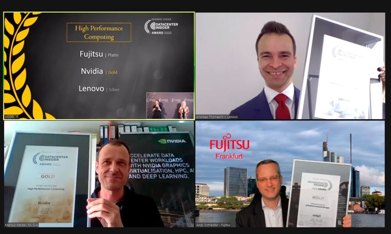 Die Wahl der Leser von DataCenter-Insider fällt in der IT-Awards-Kategorie High Performance Computing (HPC) mit Silber auf Lenovo, Nvidia steht auf Gold und Fujitsu erlangt Platin. Im Bild zu sehen sind: Andreas Thomasch von Lenovo, Markus Hacker von Nvidia und Andreas Schnedler von Fujitsu. (Bild: Vogel IT-Medien)