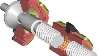 Beim hydrostatischen Gewindetrieb gleitet die Mutter (rechts) auf einem Ölfilm, der sich auf den Gewindeflanken befindet. Dadurch ist die Bewegung verschleißfrei, unabhängig von der Belastung und Geschwindigkeit. Bild: Hyprostatik (Archiv: Vogel Business Media)