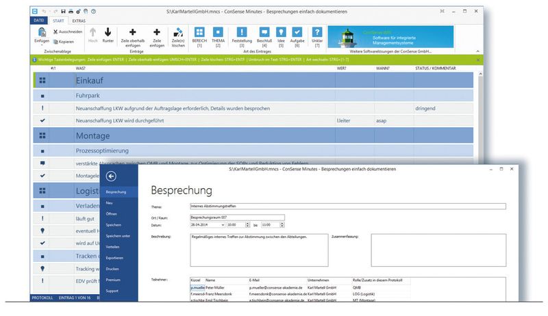 Alle wichtigen Informationen werden in das Con Sense Minutes-Protokoll eingetragen. So können z. B. Beschlüsse, Feststellungen, Aufgaben, zuständige Personen oder Organisationseinheiten, Termine und Status erfasst sowie die entsprechenden Aufgaben direkt den Teilnehmern zugeordnet werden. (Bild: Con Sense)
