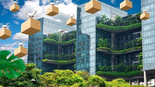 Könnten das durch die ansteigende Granulierung der Versandeinheiten entstehende Verkehrschaos auf deutschen Straßen künftig vermindern: Lieferdrohnen, die Pakete bis zur Haustür fliegen. (©adrian_ilie825 - stock.adobe.com)