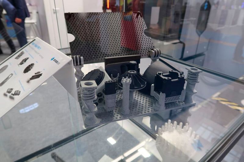 ...Auch Teile, die im SAF-Verfahren gedruckt wurden, waren ausgestellt. Beim Selective Absorption Fusion bringen nach dem Auftragen des Pulvers Inkjet-Druckköpfe punktuell eine Tinte auf, die infrarote Strahlung absorbiert. In diesen Bereichen erhitzt sich das Pulver nach der Überfahrt eines Infrarot-Strahlers und verschmilzt miteinander. (Bild: D. Quitter - VCG)