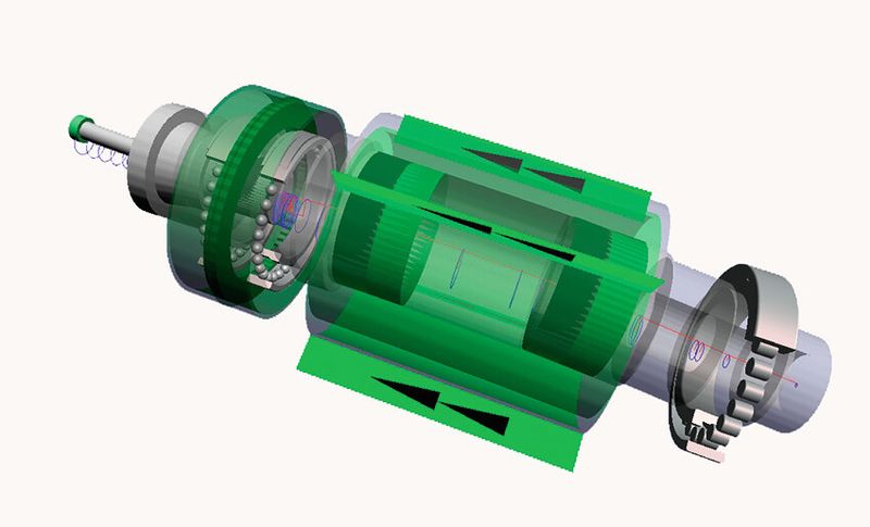 Bild 2: Bearinx-online-Simulation einer Hochfrequenz-Motorfrässpindel mit Rotor und eingespanntem Werkzeug. (Bild: Schaeffler)