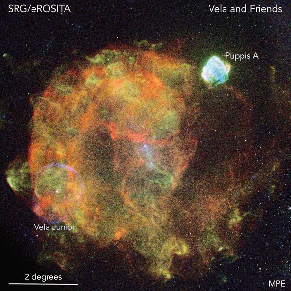 Die Supernova Vela explodierte vor etwa 12.000 Jahren in einer Entfernung von 800 Lichtjahren und überschneidet sich mit mindestens zwei weiteren Supernova-Überresten, Vela Junior (im Bild links unten als bläulicher Ring zu sehen) und Puppis-A (rechts oben). Alle drei Supernova-Explosionen erzeugten sowohl die röntgenhellen Supernova-Überreste als auch Neutronensterne, die als intensive Röntgenpunktquellen in der Nähe der Zentren der Überreste leuchten. (Peter Predehl, Werner Becker (MPE), Davide Mella)