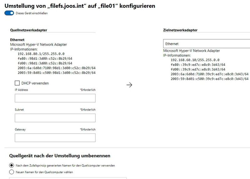 Storage Migration Service in Windows Server 2022 kann auch Netzwerkeinstellungen und Servername des Quellservers auf dem Zielserver übernehmen. (Bild: Joos (Screenshot))