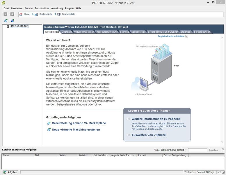 Abbildung 3: Nach dem erfolgreichen Verbindungsaufbau mit dem vSphere-Client, können Administratoren den Hypervisor verwalten. (Joos)