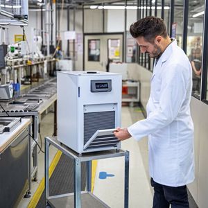 1 Bei der Entwicklung der Valegro-Umlaufkühler lag der Fokus mit auf maximaler Benutzerfreundlichkeit. Viele hilfreiche Features wie eine Timer-Funktion, ein ohne Werkzeug abnehmbares Lüftungsgitter oder eine beleuchtete und leicht zu reinigende Füllstandsanzeige erleichtern die tägliche Arbeit. Das geneigte OLED-Touch-Display ist gut abzulesen und ergonomisch. (Bild:  Julabo GmbH)