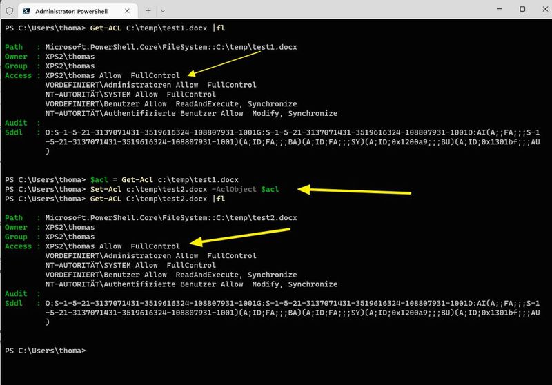 Kopieren von Berechtigungen in der PowerShell mit Get-Acl und Set-Acl. (Bild: Joos)