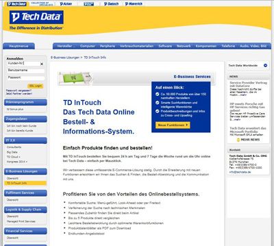 TD InTouch von Tech Data GmbH & Co.oHGMit TD InTouch bestellen Sie bequem 24 h am Tag und 7 Tage die Woche rund um die Uhr online bei Tech Data – einfach per Mausklick. Wir verbessern diese umfassende E-Commerce-Lösung stetig. Durch die Erweiterung mit neuen Funktionen erleichtern wir Ihnen das Suchen & Finden, die Bestell-Abwicklung und die Kommunikation mit uns. ()