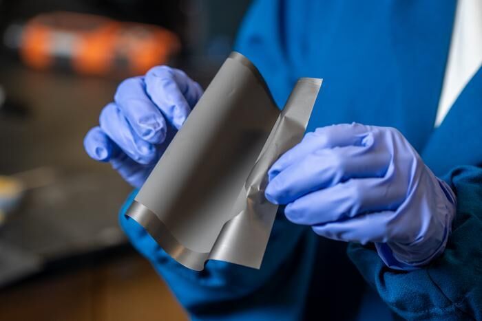 Uno strato elettrodico flessibile e adesivo realizzato con il nuovo legante. (Fonte:David Baillot | UC San Diego Jacobs School of Engineering (CC BY-ND 4.0))
