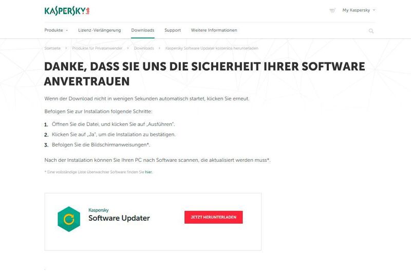 Installationsanweisungen für den Kaspersky Software Updater auf der Download-Webseite. (Th. Dombach)