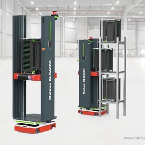 Das Kompakt-AGV Melkus Rack Stacker BLS4060 kann Lasten in Höhen von 320 bis 1800 Millimeter automatisiert entnehmen oder absetzen.(Bild:  Melkus Mechatronic)