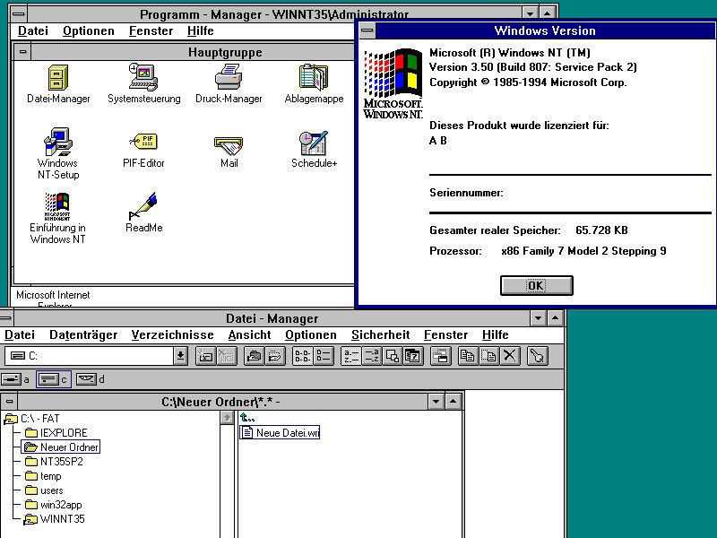 Der Nachfolger, Windows NT 3.5, behob einige schwere Kompatibilitäts- und Laufzeit-Probleme, brachte aber in Sachen GUI und Komfortfunktionen kaum Neuerungen mit sich. (Bild: Screenshot/Microsoft)