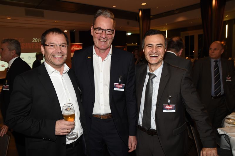 Drucker-Profis unter sich (v. l.): Christian Seidl, ABC Data, Martin Ziegler, UFP, und Massimo Scuderi, M. K. Computer (Bild: IT-BUSINESS / Hannes Magerstädt )