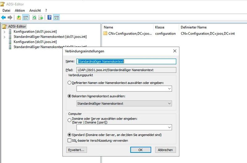 Auswählen der Optionen in ADSI-Edit für den Verbindungsaufbau mit Active Directory. (Bild: Joos / Microsoft)
