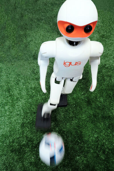 Die igus Humanoid Platform erkämpft sich beim RoboCup 2017 in der Teen Size Kategorie der humanoiden Fußballiga die Weltmeisterschaft.  (AIS Universität Bonn)