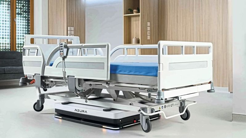 Klinikrobotik: Die autonome Healthcare-Plattform von Neura Robotics soll leere Krankenhausbetten selbstständig zwischen Stationen und Etagen transportieren.(Bild:  Neura Robotics)