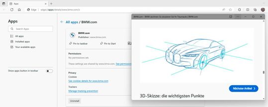 Die Einstellungen für eine PWA auf dem Endgerät verwaltet der voreingestellte Webbrowser.(Bild:  BMW / Google)