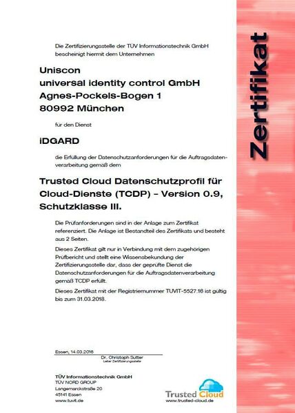 Der TÜV Nord hat der Firma Uniscon für deren Dienst IDGARD ein bedingtes Zertifikat ausgestellt: Nur wenn die 2-Faktor-Authentifizierung genutzt wird, gilt die höchste Schutzklasse III. (TÜV Nord)