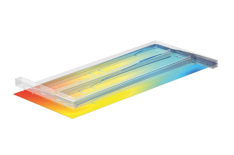 Stromdichteverteilung in einer Ebene in der Mitte des Elektrolyseurtrenners und Strömungslinien des Wasserstoffs in einer Festoxid-Elektrolysezelle. Die Farbe der Strömungslinien repräsentiert den Wasserstoffpartialdruck. Die Stromdichte nimmt in den Bereichen ab, in denen die Konzentrationsüberpotenziale für die Wasserstoffentwicklung zunehmen. (Bild: Comsol)