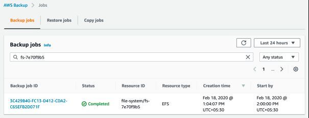 Screenshot 1: Sicherung eines EFS-Dateisystems (fs-7e70f9b5) mit AWS Backup. (Bild: AWS)