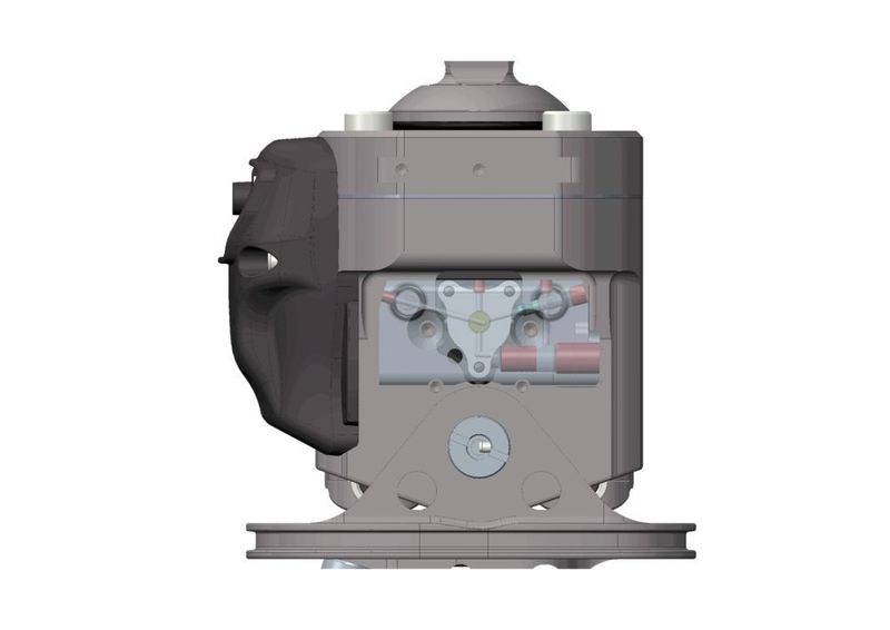 Abb.3: Ansicht der Knöcheleinheit des Prothesenfußes 1C66-Triton smart ankle ohne äußere Verkleidung, der Ventilblock wurde transparent dargestellt und die Lee-IMH-Komponenten rot hervorgehoben. (Otto Bock HealthCare GmbH)