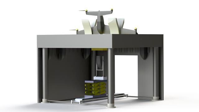Der „Bee Hive“ der TU Dresden kann kleine und leichte Fracht schnell transportieren. Die Drohne wird von vier Elektromotoren angetrieben, versorgt durch Lithium-Ionen-Akkus. In der Landeplattform werden die Akkus getauscht, während die Drohne mit bis zu 2,5 kg beladen wird.  (TU Dresden)