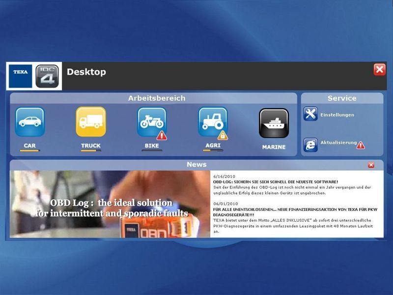 Ein „Nachrichten-Kasten“ („News“) informiert den IDC4-Nutzer bei jedem Start über Neuigkeiten aus dem Hause Texa. (Archiv: Vogel Business Media)