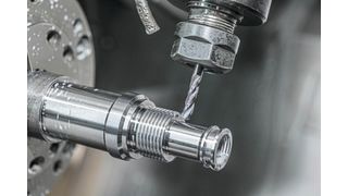 The hydraulic housing made of steel, clamped in the CNC machine. The ExBurrDrill with TiAlN coating (diameter 5 mm, Z=3) drills the four holes in the component within a few seconds, without having to deburr them afterwards. The workpiece comes directly from the machine finished and burr-free. (Image:Kempf GmbH)