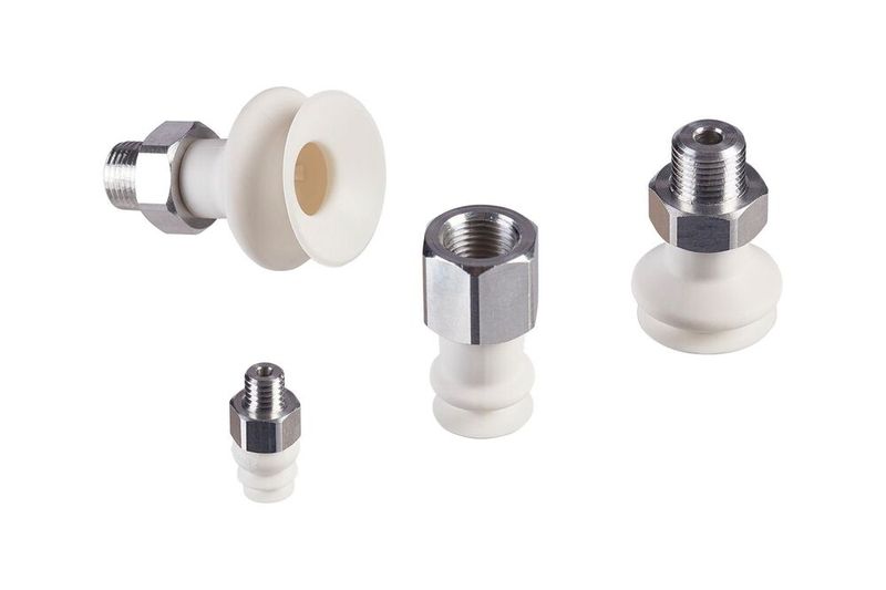 Die verschleißfesten Balgsauggreifer FSG SI-HD von Schmalz packen wiederum Spritzen, Ampullen oder Vials sicher. (Bild: J. Schmalz)