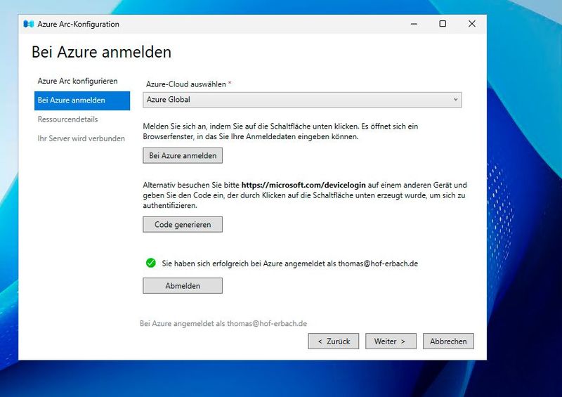 Im Rahmen der Einrichtung von Azure Arc erfolgt die Anmeldung an Microsoft Azure und die Auswahl von Mandant und Abonnement. (Bild: Joos - Microsoft)