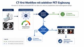 Das KI-Modell wertet zunächst die CT aus. Sind PET-Daten verfügbar, werden sie nur bei erwartetem Zusatznutzen in die Risikobewertung einbezogen; andernfalls bleibt es bei der CT-basierten Bewertung. (Bild: Guido Deußing, nach Peng J et al. 2026)