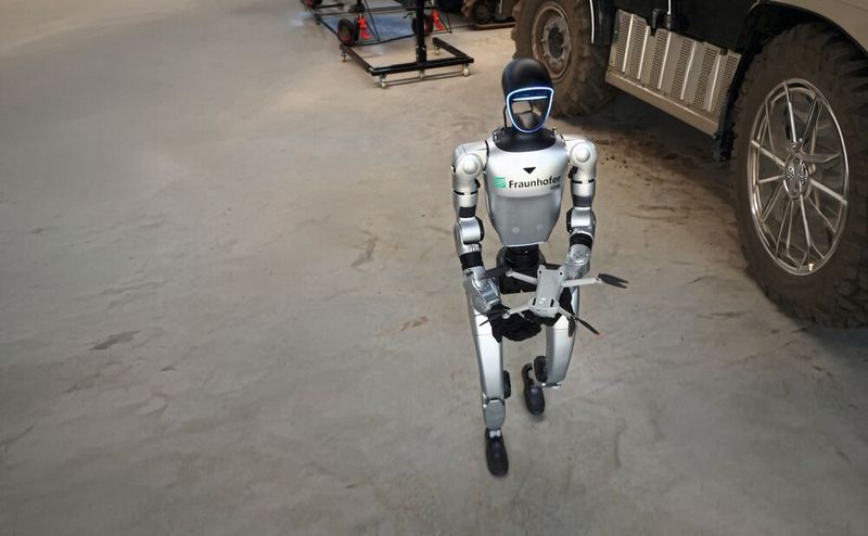 Aufklärung im Gelände: In Karlsruhe demonstrieren Forschende das Zusammenspiel von humanoiden Robotern und Drohnen für sicherheitskritische Missionen. (Bild: Fraunhofer IOSB)
