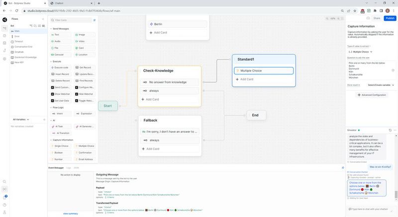 Botpress setzt auf einen gelungenen No-/Low-Code-Editor.