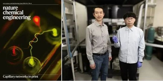 Links: mittels Fluoreszenzbildgebung dargestellte Kapillaren, die auf dem Titelblatt von Nature Chemical Engineering präsentiert wurden. Rechts: Yanliang Zhang und Yuxuan Liao, Doktorand und Hauptautor der Studie.(Bild:  Wes Evard / Notre Dame College of Engineering)