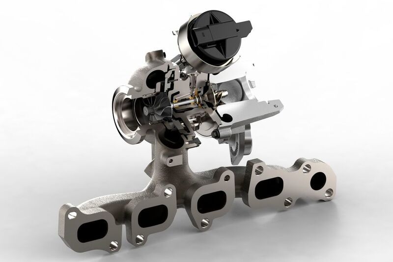 Klassischer Turbolader auf Vierzylinder-Abgaskrümmer: Das Verdichterrad komprimiert die Luft mit Drehzahlen von 100.000 U/min bis 300.000 U/min und presst sie in die Zylinder. (Foto: Bosch Mahle Turbo Systems)