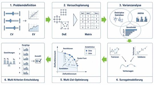 Bild 1: Arbeitsablauf von „DoExpert“ – von der Problemdefinition über Versuchsplanung, Modellbildung und Optimierung bis zur Auswahl der besten Lösung, anhand mehrerer Bewertungskriterien (Screenshots der Benutzeroberfläche).(Bild:  HFU / KSF)