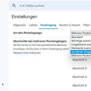 Verschiedene Arten des Posteingangs festlegen, um E-Mails möglichst optimal zu sortieren.(Bild:  Joos - Google)