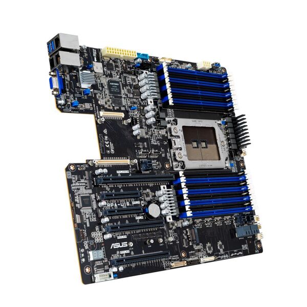 Das RPA-U16 ist das erste Server-Mainboard von Asus für die AMD-Epyc-7002-Serie. Der proprietäre PCIe-4.0-x24-Slot kann mit einer Butterfly-Karte in einen Slot mit 16 Lanes und einen weiteren mit acht Lanes aufgeteilt werden. (Asus)