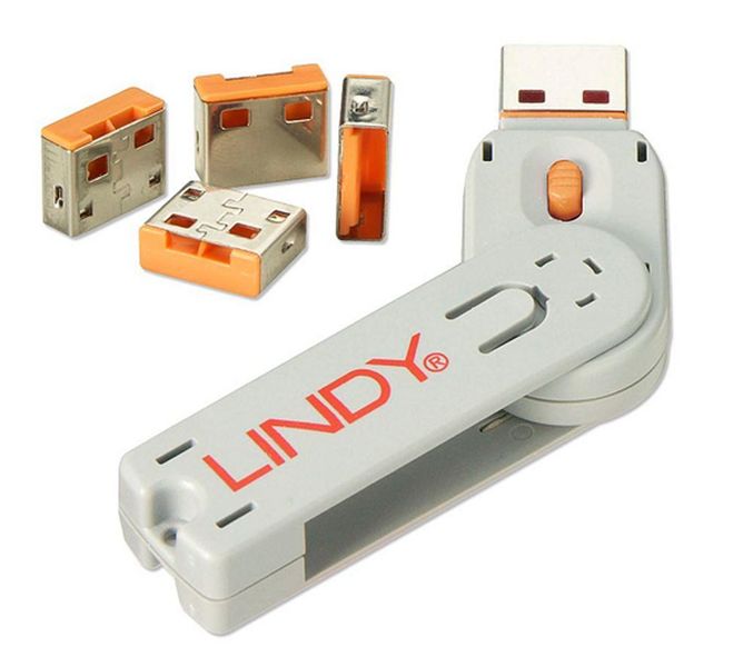 Schutzstecker um USB-Zugänge abzusperren und die Nutzung zu verhindern (verschiedenen Schlüssel/Farbcodes vorhanden). (Lindy)