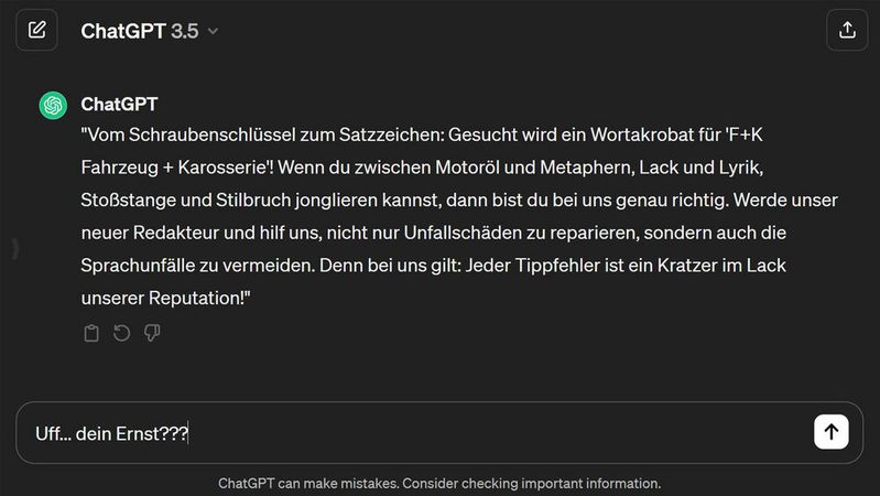 Diesen Text hat Chat GPT binnen weniger Sekunden ausgespuckt.(Bild:  Screenshot)