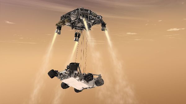 Die Skycrane-Phase: Der Rover hängt unterhalb der Descent Stage... (Archiv: Vogel Business Media)