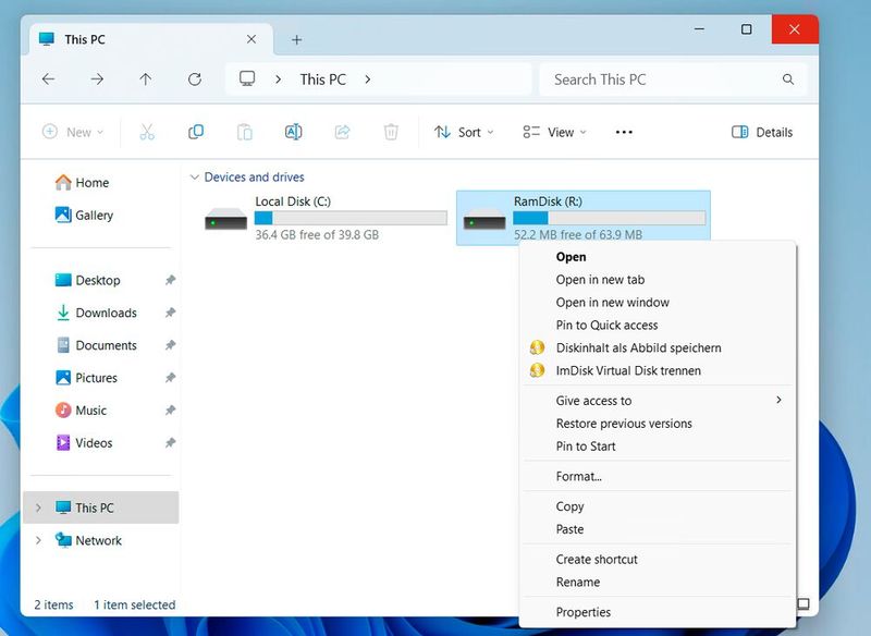Über das Kontextmenü der RAM-Disk lassen sich die Daten in eine IMG-Datei speichern und später wieder laden.  (Bild: Joos – ImDisk)