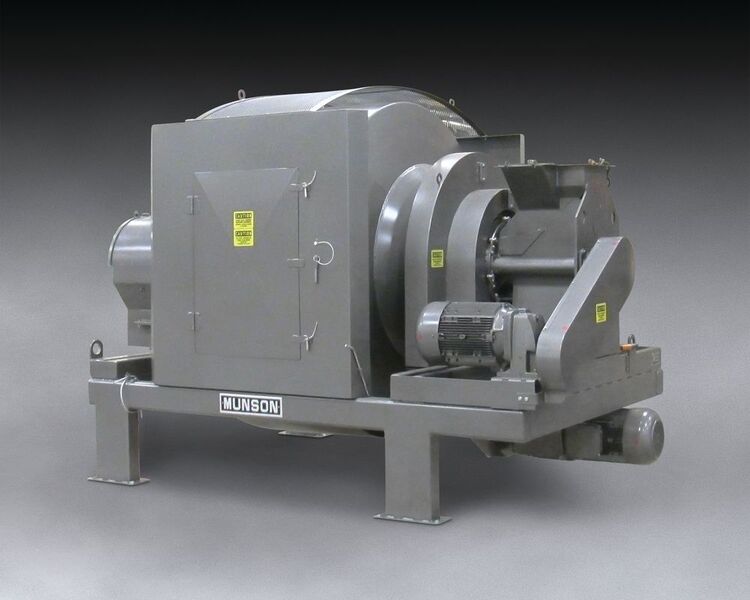 A new Model 700-THX-50-ARI Rotary Batch Mixer from Munson Machinery mixes concrete, premix, mortar mix, glass/cullet, fibreglass, refractories, tungsten powder, ceramics and other abrasives in one to three minutes with minimised abrasive wear or product degradation. (Munson)