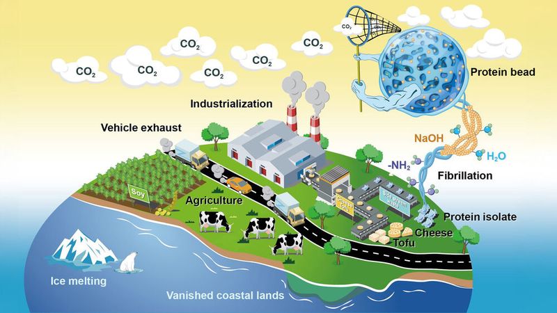 The new direct air capture method: food waste from cheese and tofu production is processed into small beads that can capture CO2. (Source: Mezzenga Lab / ETH Zurich)
