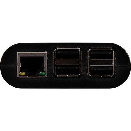 Mini-PC Raspberry Pi 3 von ELV: Der Raspberry Pi 3 befindet sich im Gehäuse, zu sehen sind die Anschlüsse v.l. 10/100 LAN-Port, 4 x USB 2.0 (Bild: ELV)