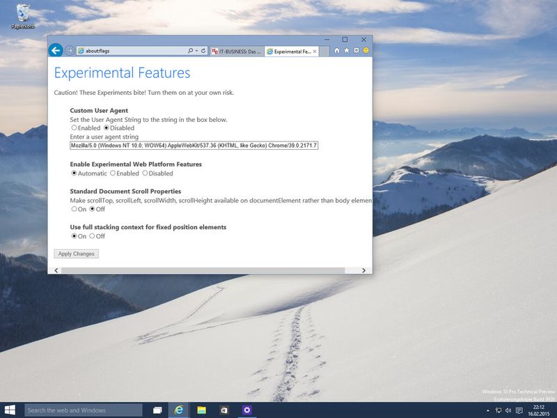 Über das Kommando about.flags wird im Internet Explorer ein Menü aufgerufen, im dem sich die neue Rendering-Engine aktivieren lässt. (Bild: IT-Business)
