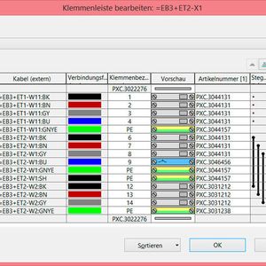 Im erweiterten Klemmeneditor lässt sich der aktuelle Klemmen-Status anzeigen. Manuelle und automatisch generierte Stegbrücken können einfach erkannt werden. Zubehöre können grafisch visualisiert werden.