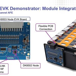 DK-NFLNK-Demonstrator: Der Evaluierungsaufbau kombiniert einen DK8502-Node mit einem LTC6811-AFE in einem Zwölf-Zellen-Batteriemodul.(Bild:  Dukosi)