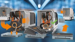 Das Transport- und Montagegestell Readychain Eco-Rack von Igus für vorkonfektionierte Energieketten spart beim Rücktransport, wie es heißt, 88 Prozent des ursprünglichen Transportvolumens. (Bild: Igus)